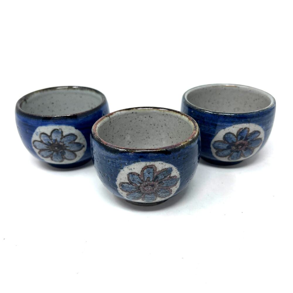 Vintage Otagiri Japanese Stoneware Teacups Sake 3‎ Floral Design Natural Pottery